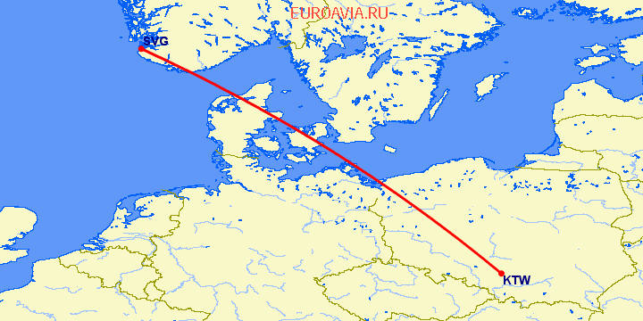 перелет Катовице — Ставангер на карте