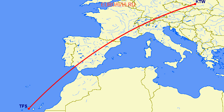 перелет Катовице — Тенерифе на карте