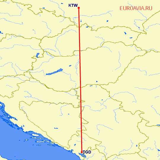 перелет Катовице — Подгорица на карте