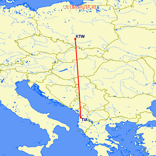 перелет Катовице — Тирана на карте