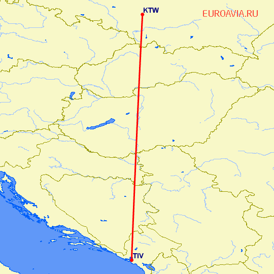 перелет Катовице — Тиват на карте