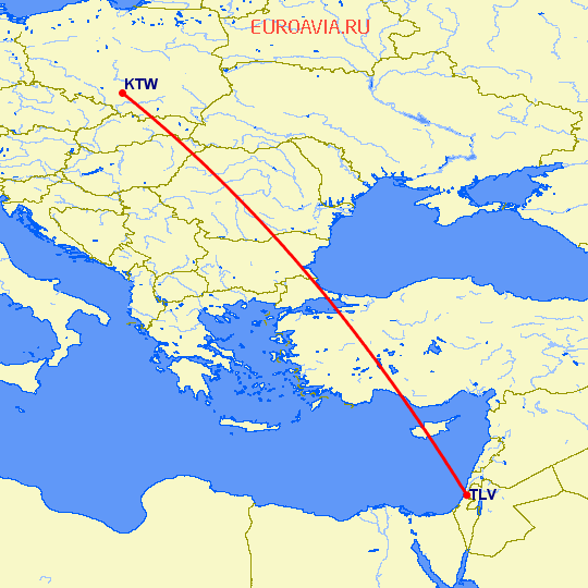 перелет Катовице — Тель Авив на карте