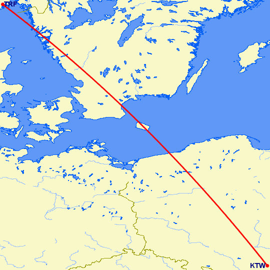 перелет Катовице — Осло Торп на карте