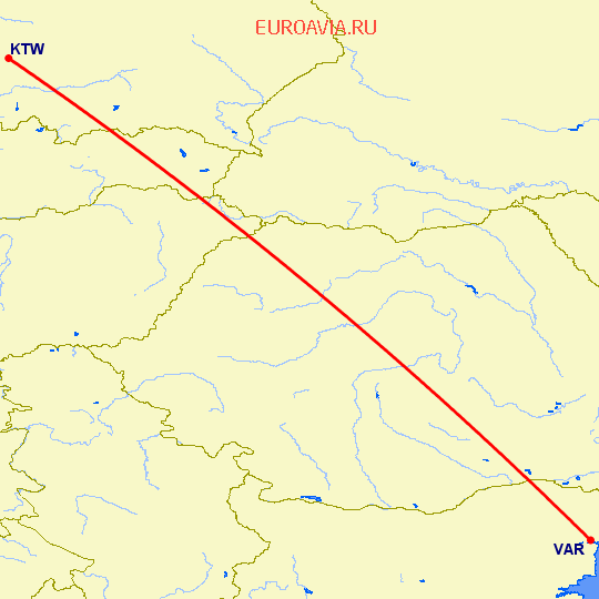 перелет Катовице — Варна на карте