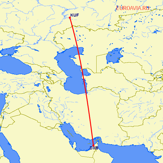 перелет Самара — Дубай на карте