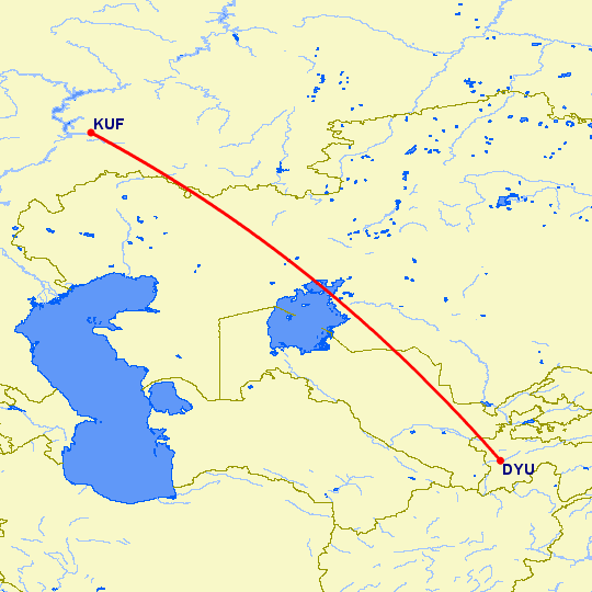 перелет Самара — Душанбе на карте