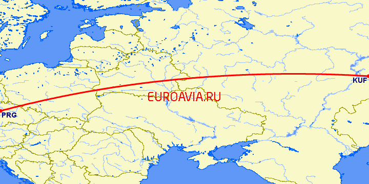 перелет Самара — Прага на карте
