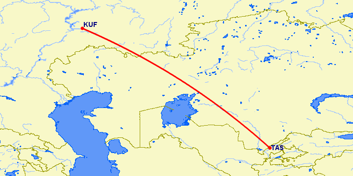 перелет Самара — Ташкент на карте