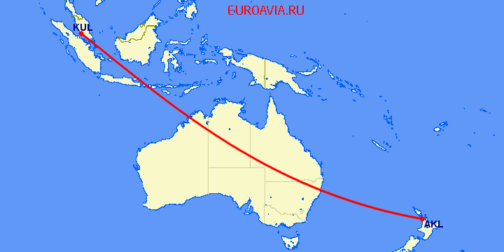 перелет Куала Лумпур — Окленд на карте