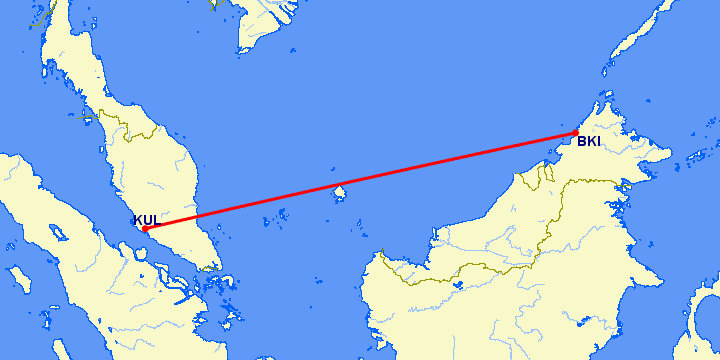 перелет Куала Лумпур — Kota-Kinabalu на карте