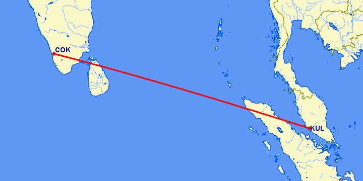 перелет Куала Лумпур — Кочи на карте