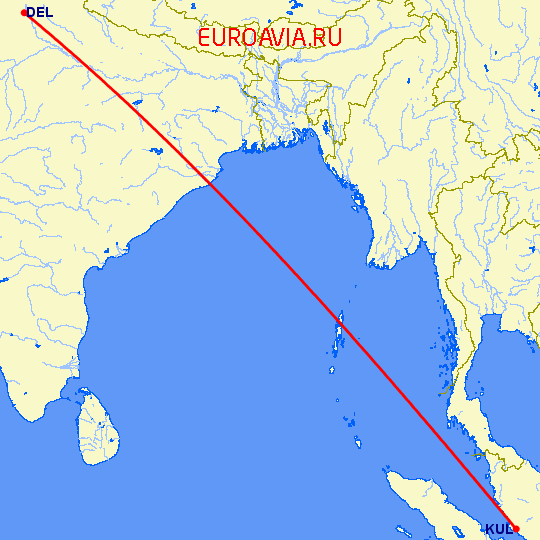 перелет Куала Лумпур — Нью Дели на карте