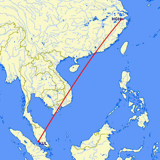 перелет Куала Лумпур — Ханчжоу на карте