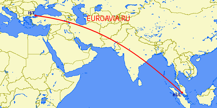 перелет Куала Лумпур — Стамбул на карте