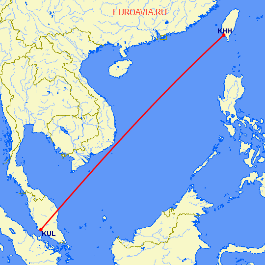 перелет Куала Лумпур — Гаосюн на карте