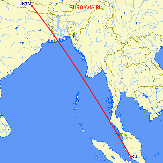 перелет Куала Лумпур — Катманду на карте
