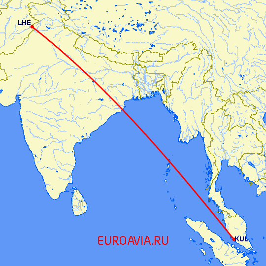 перелет Куала Лумпур — Лахор на карте