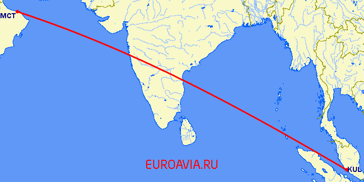 перелет Куала Лумпур — Маскат на карте