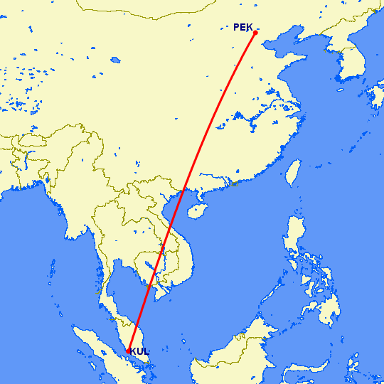 перелет Куала Лумпур — Пекин на карте