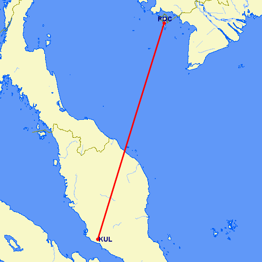 перелет Куала Лумпур — Пху Квок на карте