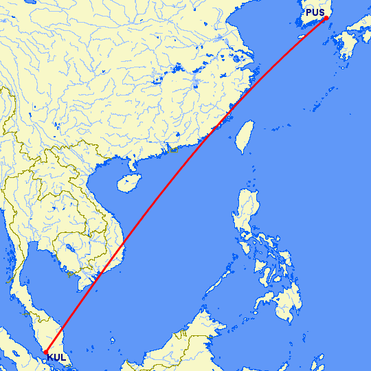 перелет Куала Лумпур — Пусан на карте