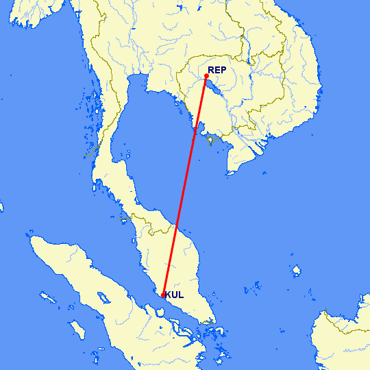 перелет Куала Лумпур — Сием Рип на карте