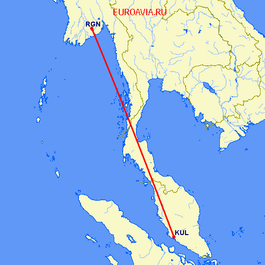 перелет Куала Лумпур — Янгон на карте
