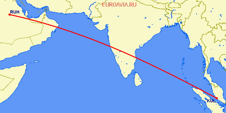 перелет Куала Лумпур — Эр Рияд на карте