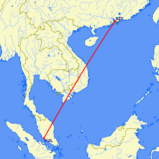 перелет Куала Лумпур — Шэньчжэнь на карте