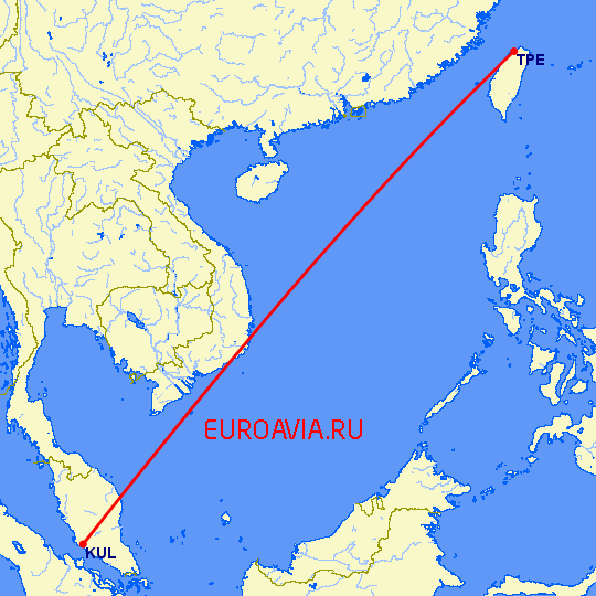 перелет Куала Лумпур — Тайбэй на карте
