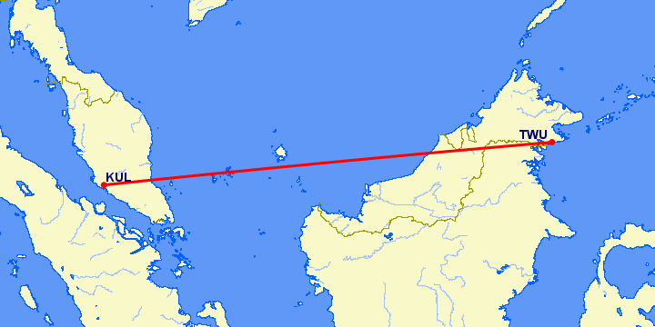 перелет Куала Лумпур — Tawau на карте
