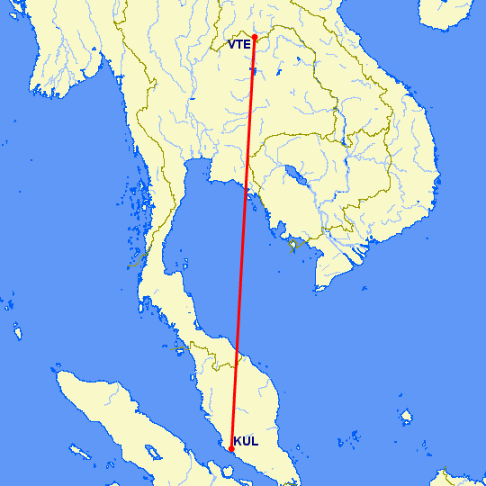 перелет Куала Лумпур — Вьентьян на карте