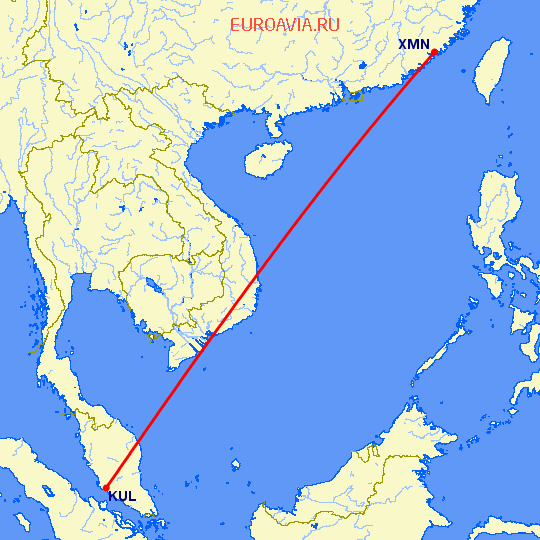 перелет Куала Лумпур — Сямэнь на карте