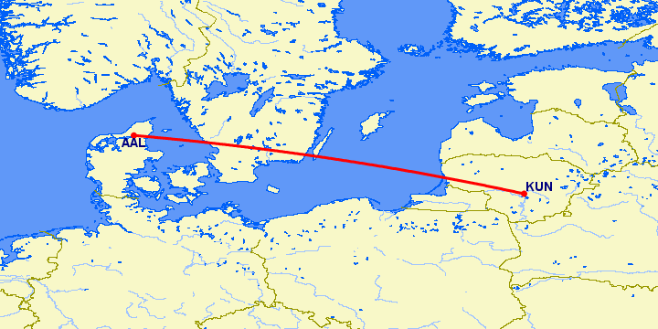 перелет Каунас — Ольборг на карте