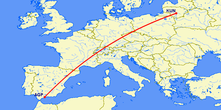 перелет Каунас — Малага на карте