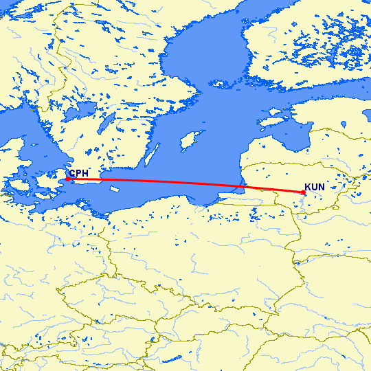 перелет Каунас — Копенгаген на карте