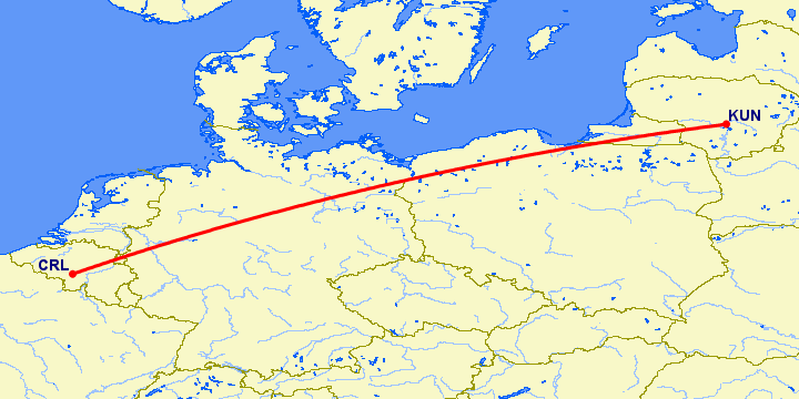 перелет Каунас — Шарлеруа на карте