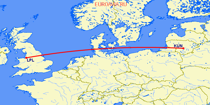 перелет Каунас — Ливерпуль на карте