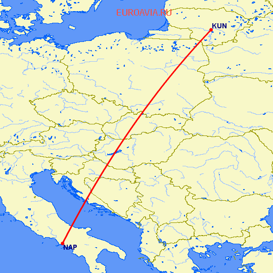 перелет Каунас — Неаполь на карте