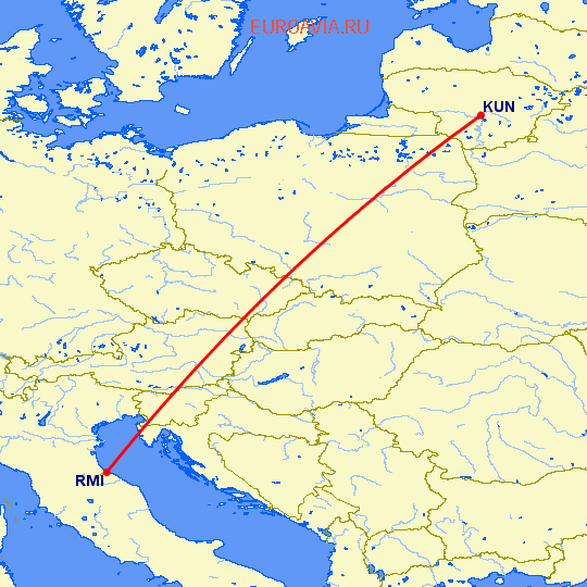 перелет Каунас — Римини на карте
