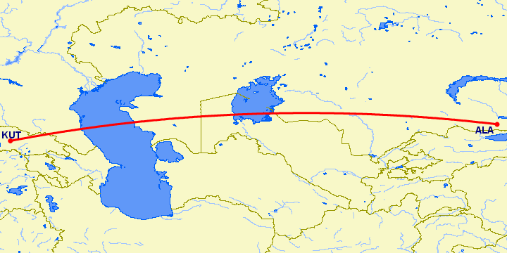 перелет Кутаиси — Алматы на карте