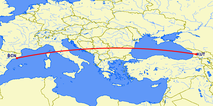 перелет Кутаиси — Барселона на карте