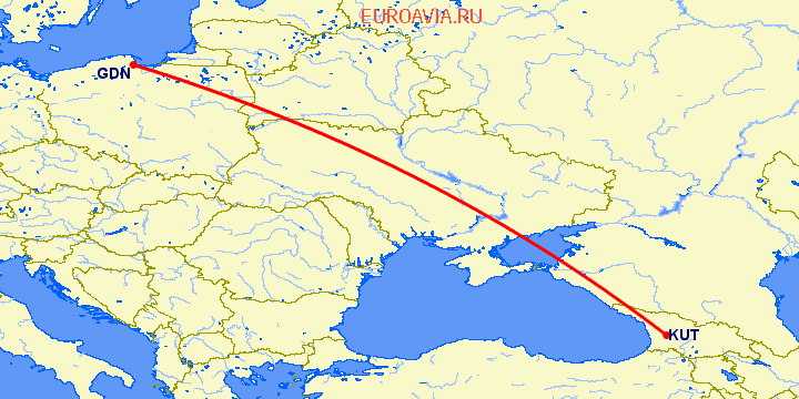 перелет Кутаиси — Гданьск на карте