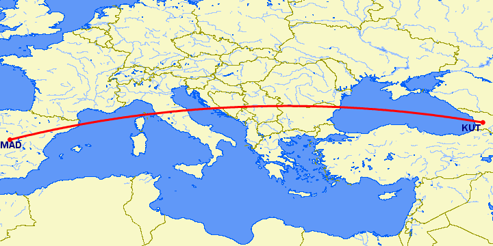 перелет Кутаиси — Мадрид на карте