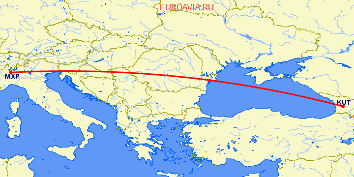 перелет Кутаиси — Милан на карте