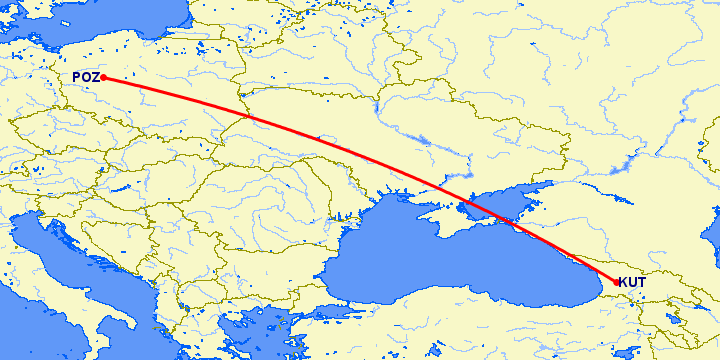 перелет Кутаиси — Познань на карте