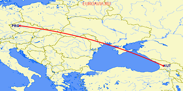 перелет Кутаиси — Прага на карте