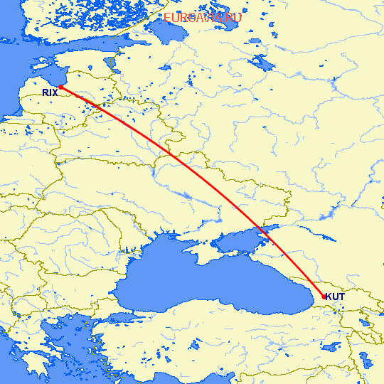 перелет Кутаиси — Рига на карте