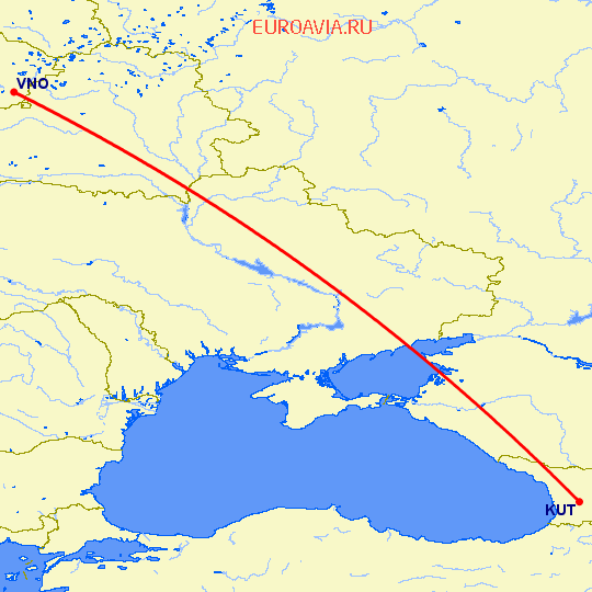 перелет Кутаиси — Вильнюс на карте