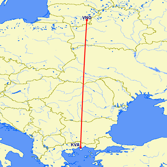 перелет Кавала — Вильнюс на карте